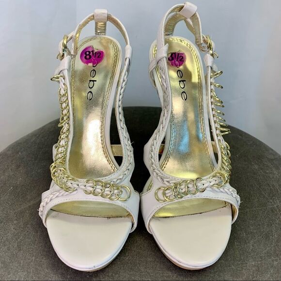 Bebe White strappy Leather with gold ring chain detail sandal high heels Sz 8.5 - Picture 3 of 7